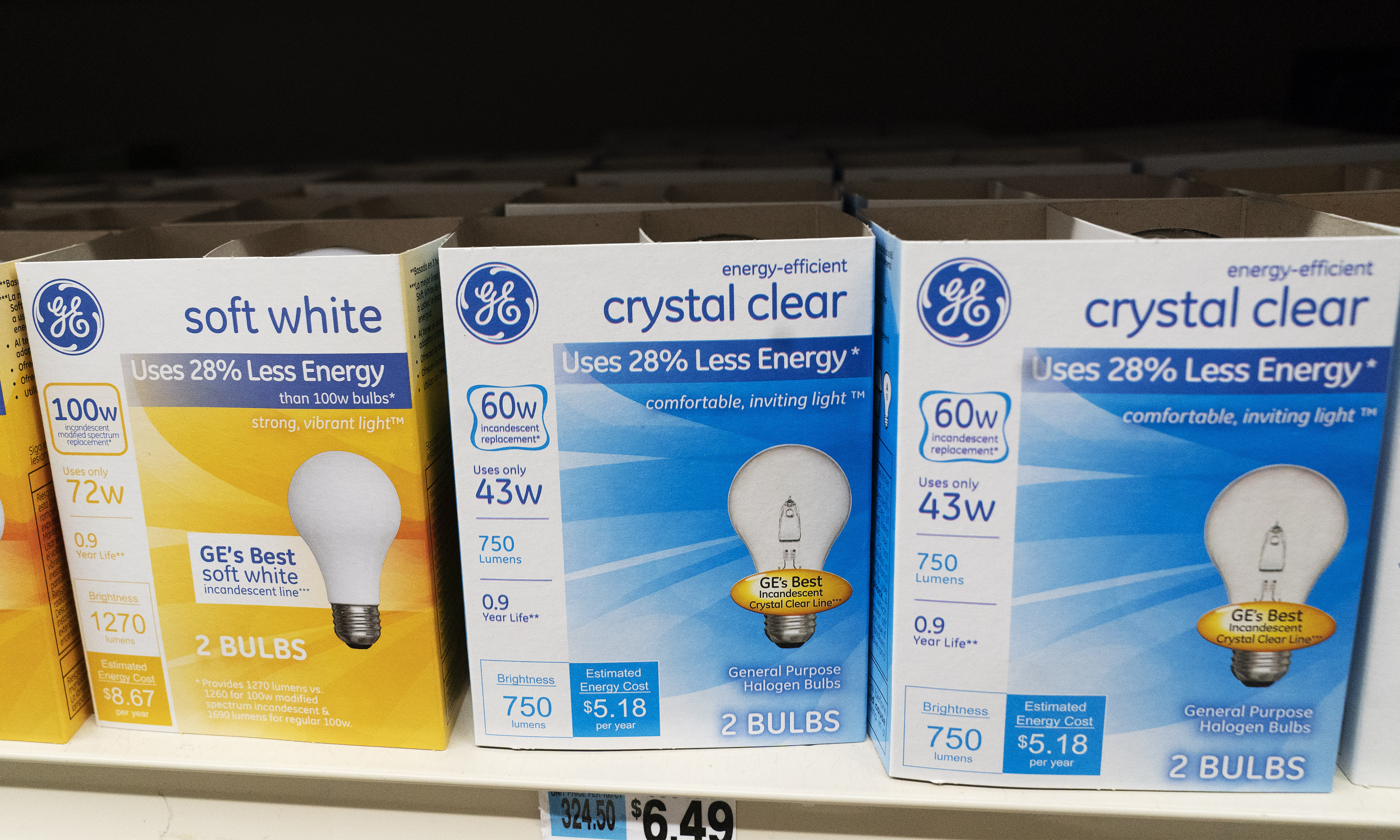 General Electric light bulbs are displayed in a supermarket April 5, 2021 in New York. The Biden administration announced Tuesday it is scrapping old-fashioned incandescent light bulbs.