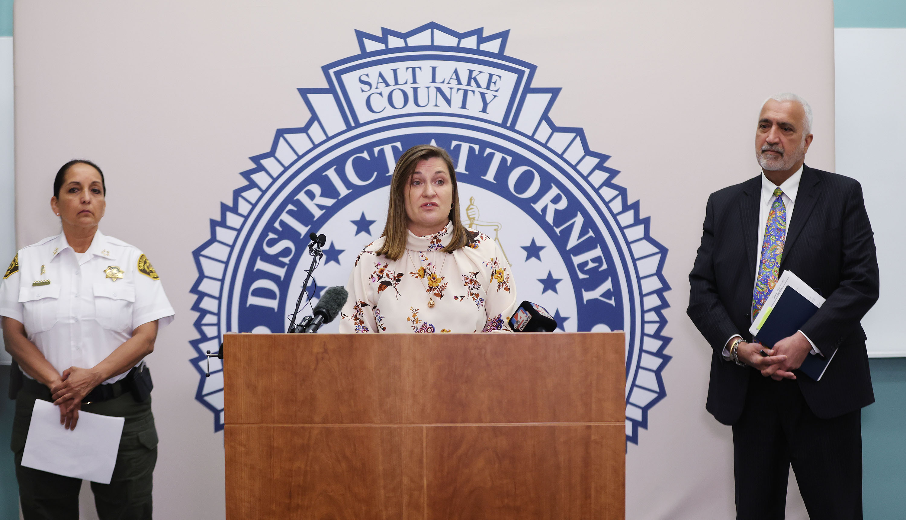 Salt Lake County Mayor Jenny Wilson speaks, along with Salt Lake County Sheriff Rosie Rivera and Salt Lake County District Attorney Sim Gill, during a press conference to announce a $57 million settlement with pharmaceutical companies to fight the opioid epidemic, in Salt Lake City on Tuesday.