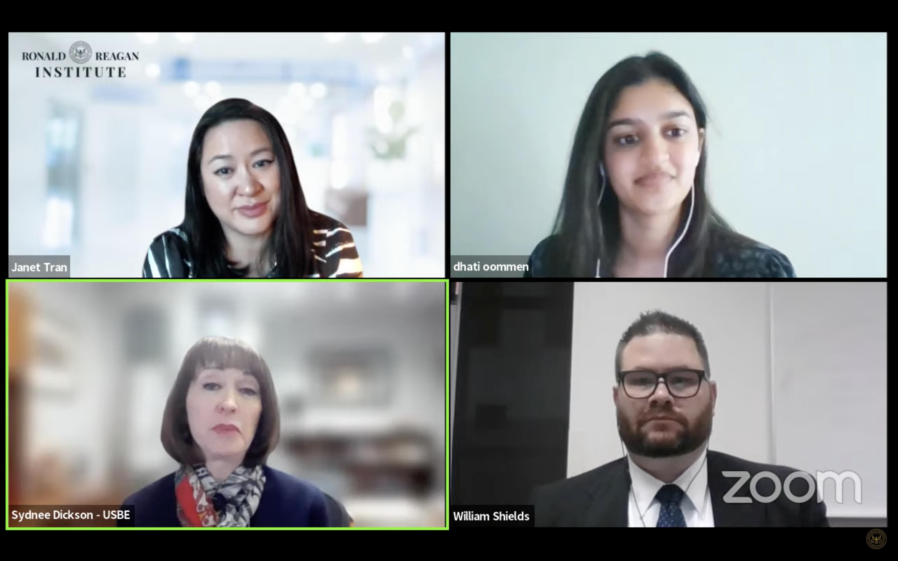 Janet Tran, of the Ronald Reagan Insitute, moderates a discussion between Sydnee Dickson, William Shields and Dhati Oommen. The virtual panel featuring Dickson, Utah's state superintendent of public instruction, and other notable education leaders in Utah met Tuesday to discuss the state of civics education in Utah schools.