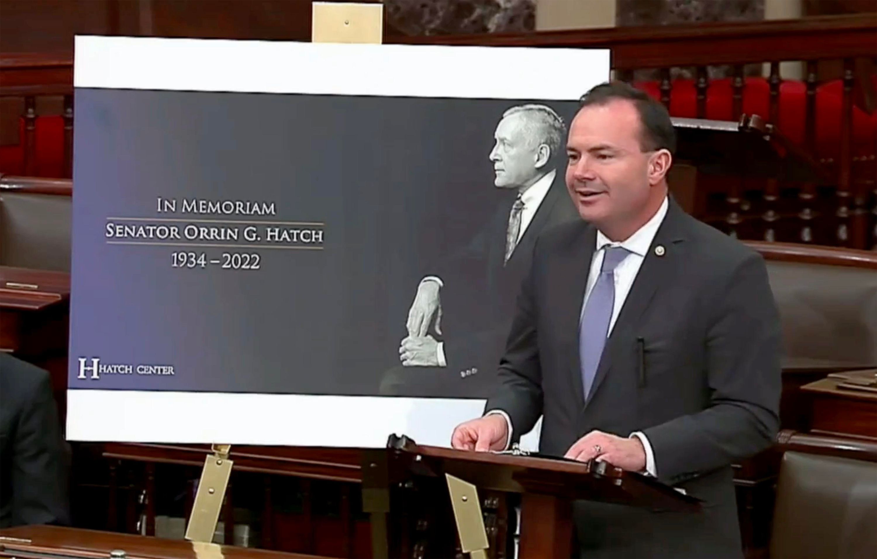 Sen. Mike Lee, R-Utah, speaks in honor of the late Sen. Orrin Hatch on Tuesday at the U.S. Capitol Senate chambers. Hatch died April 23 at age 88.