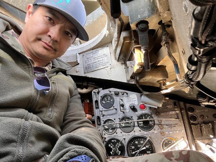 Quan Nguyen, a U.S. Marine veteran from Kaysville, recently assisted Ukrainian troops in training. He is pictured here in a tank seized from Russian troops.