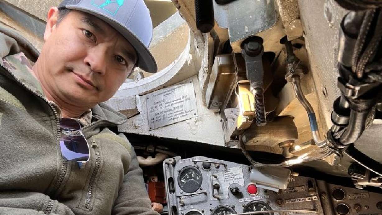 Quan Nguyen, a U.S. Marine veteran from Kaysville, recently assisted Ukrainian troops in training. He is pictured here in a tank seized from Russian troops.