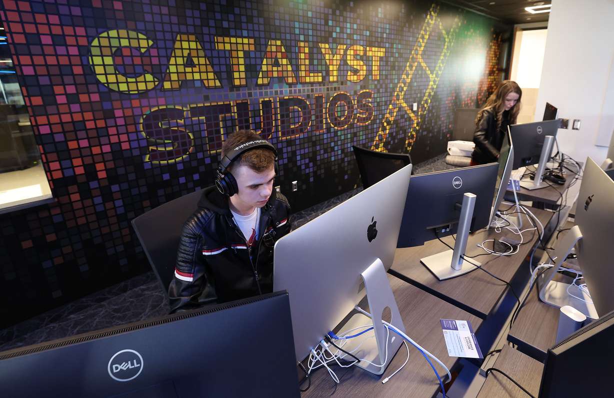 Davis High School's Noah Kebker, left, and Syracuse High School's Emilie Cannon study audio visual technology at the Davis School District’s state-of-the-art Davis Catalyst Center in Kaysville on Tuesday. The center, which focuses on career and technical education pathways, allows students to work on advanced projects in partnerships with real-world businesses.