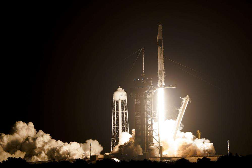 A SpaceX Falcon 9 rocket lifts off from pad 39A at the Kennedy Space Center in Cape Canaveral, Fla., Wednesday. NASA astronauts Kjell Lindgren, Robert Hines, and Jessica Watkins, and European Space Agency astronaut Samantha Cristoforetti on the Crew Dragon spacecraft begin a six-month expedition on the International Space Station.