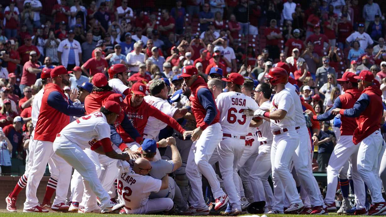 Benches clear during the eighth inning of a baseball game between the St. Louis Cardinals and the New York Mets Wednesday, April 27, 2022, in St. Louis.