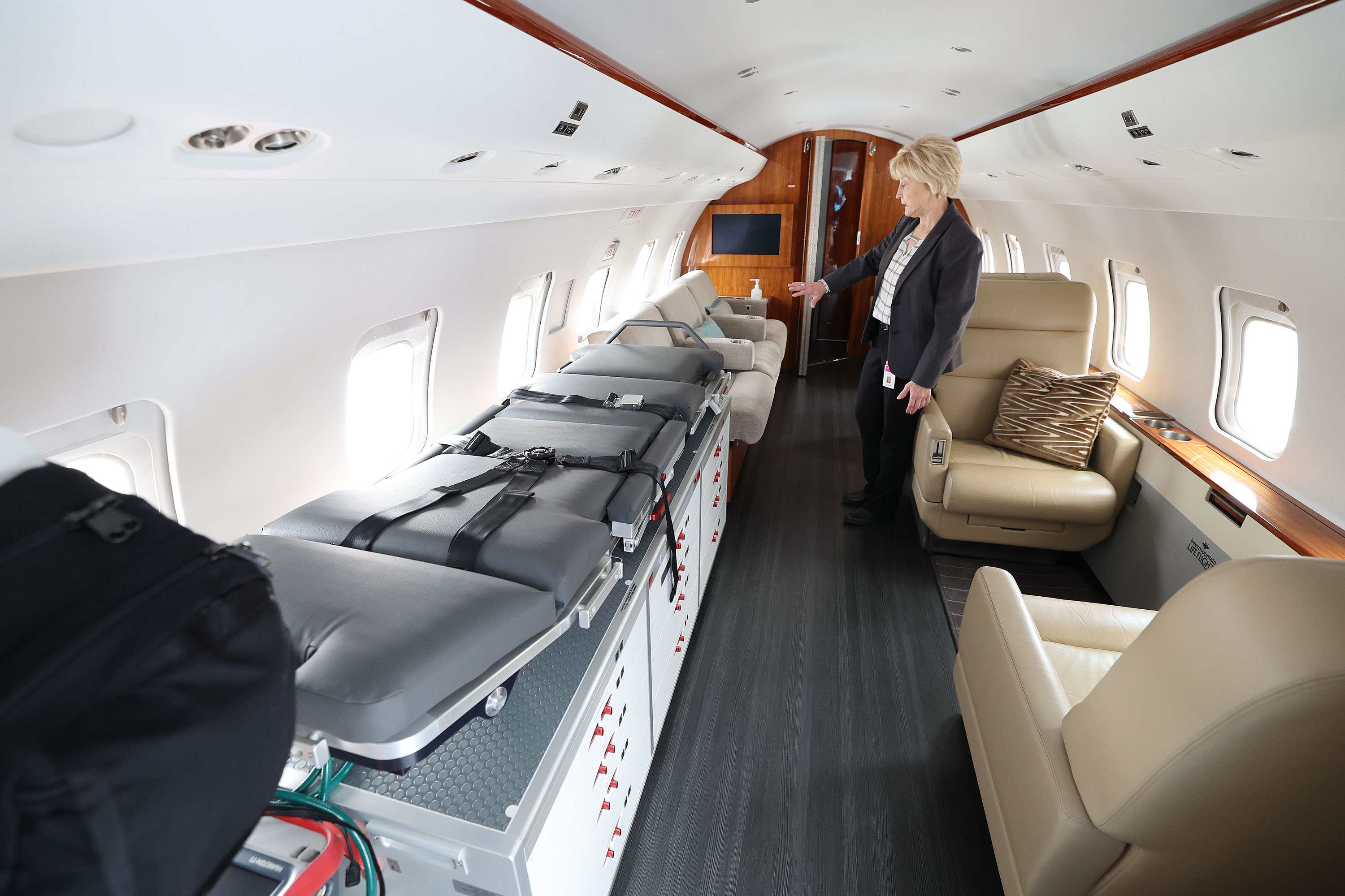 Registered nurse Tammy Blake talks about care items on board Intermountain Life Flight’s new long-range medical jet in Salt Lake City on Wednesday. The jet will be used to transport patients for highly specialized care and to enhance organ transplantation in Utah by retrieving donor organs throughout the nation.