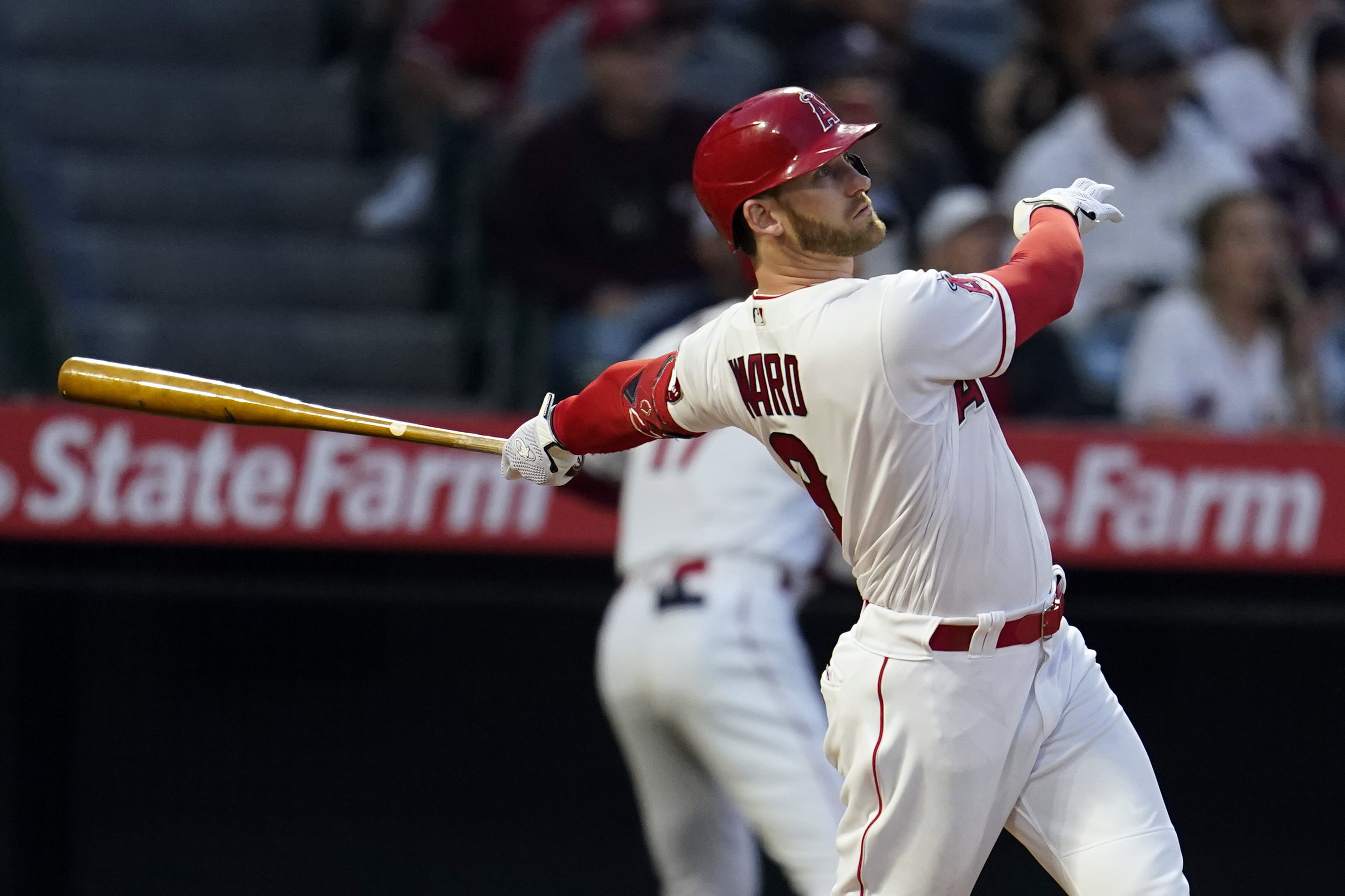 Los Angeles Angels' Taylor Ward follows through on his grand slam during the second inning against the Cleveland Guardians in a baseball game Wednesday, April 27, 2022, in Anaheim, Calif. 