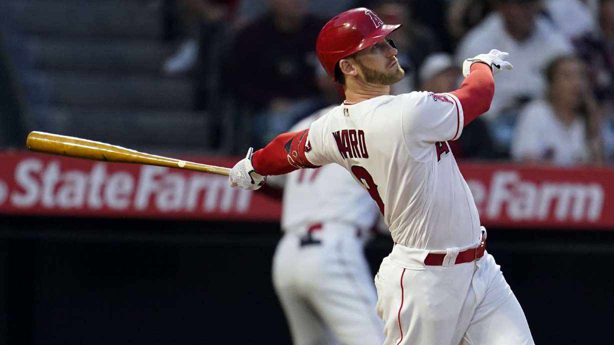 Los Angeles Angels' Taylor Ward follows through on his grand slam during the second inning against the Cleveland Guardians in a baseball game Wednesday, April 27, 2022, in Anaheim, Calif.