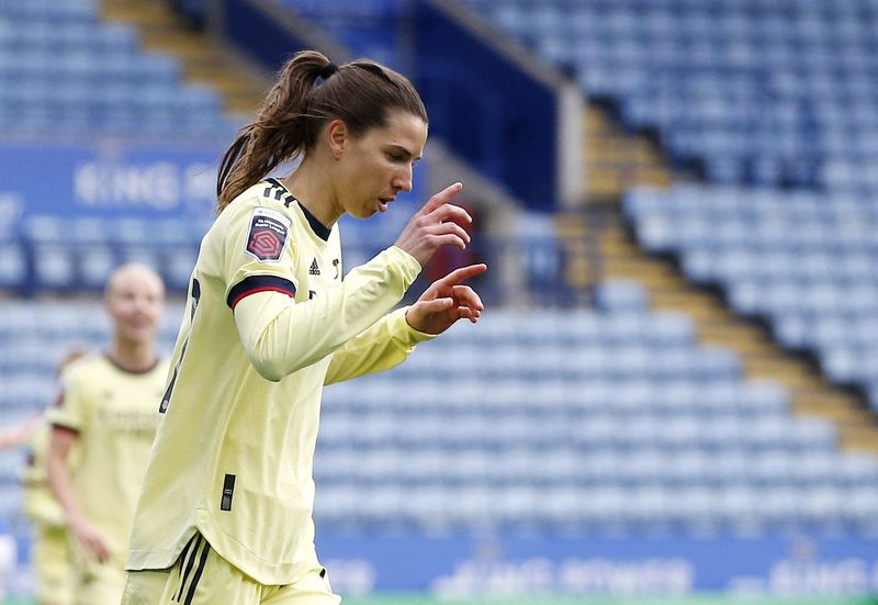 Soccer Football - Women's Super League - Leicester City v Arsenal - King Power Stadium, Leicester, Britain - April 3, 2022 Arsenal's Tobin Heath celebrates scoring their fifth goal Action Images via Reuters/Craig Brough