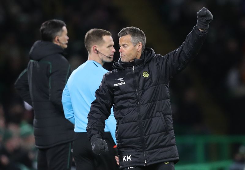 FILE PHOTO: Soccer Football - Europa Conference League - Play Off First Leg - Celtic v Bodo/Glimt - Celtic Park, Glasgow, Scotland, Britain - February 17, 2022 Bodo/Glimt coach Kjetil Knutsen celebrates their first goal scored by Bodo/Glimt's Runar Espejord