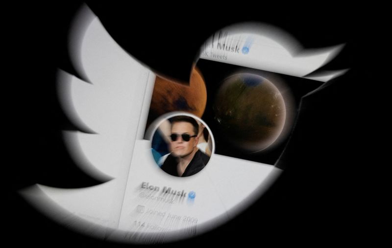 Elon Musk twitter account is seen through Twitter logo in this illustration taken, April 25.