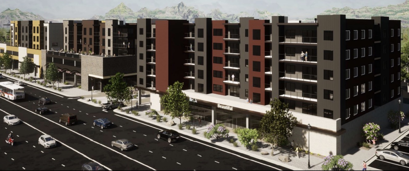 A rendering of the proposed condominium complex at the site of the closed Coachman's Dinner and Pancake House on State Street at 1300 South in Salt Lake City.