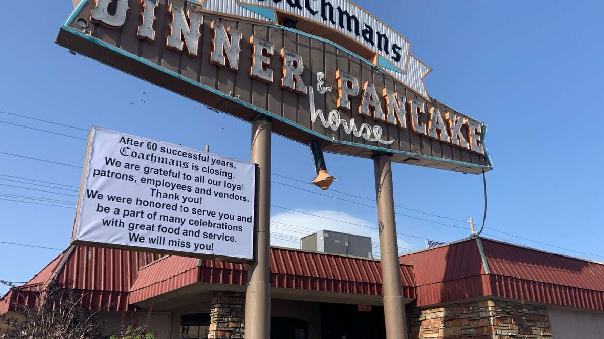 The exterior of Coachman's Dinner and Pancake House on April 19, 2021. The Salt Lake City Planning Commission approved a plan to tear down the old restaurant for a new mixed-used housing complex.