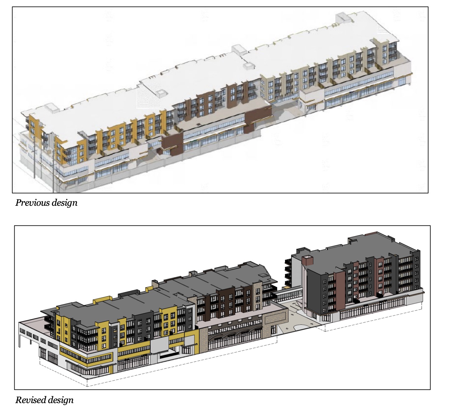 A rendering of the proposed condominium complex compared with a previous design at the site of the closed Coachman's Dinner and Pancake House on State Street at 1300 South in Salt Lake City.