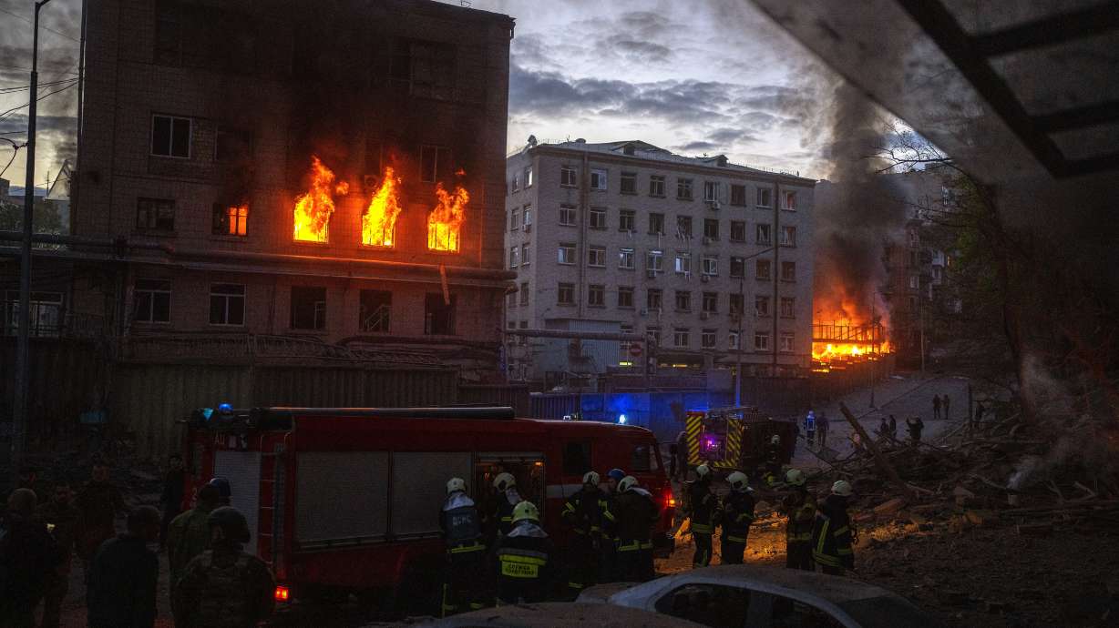 Emergency services are working in the area following an explosion in Kyiv, Ukraine, on Thursday. Russia struck the Ukrainian capital of Kyiv shortly after a meeting between President Volodymyr Zelenskyy and U.N. Secretary-General António Guterres on Thursday evening.
