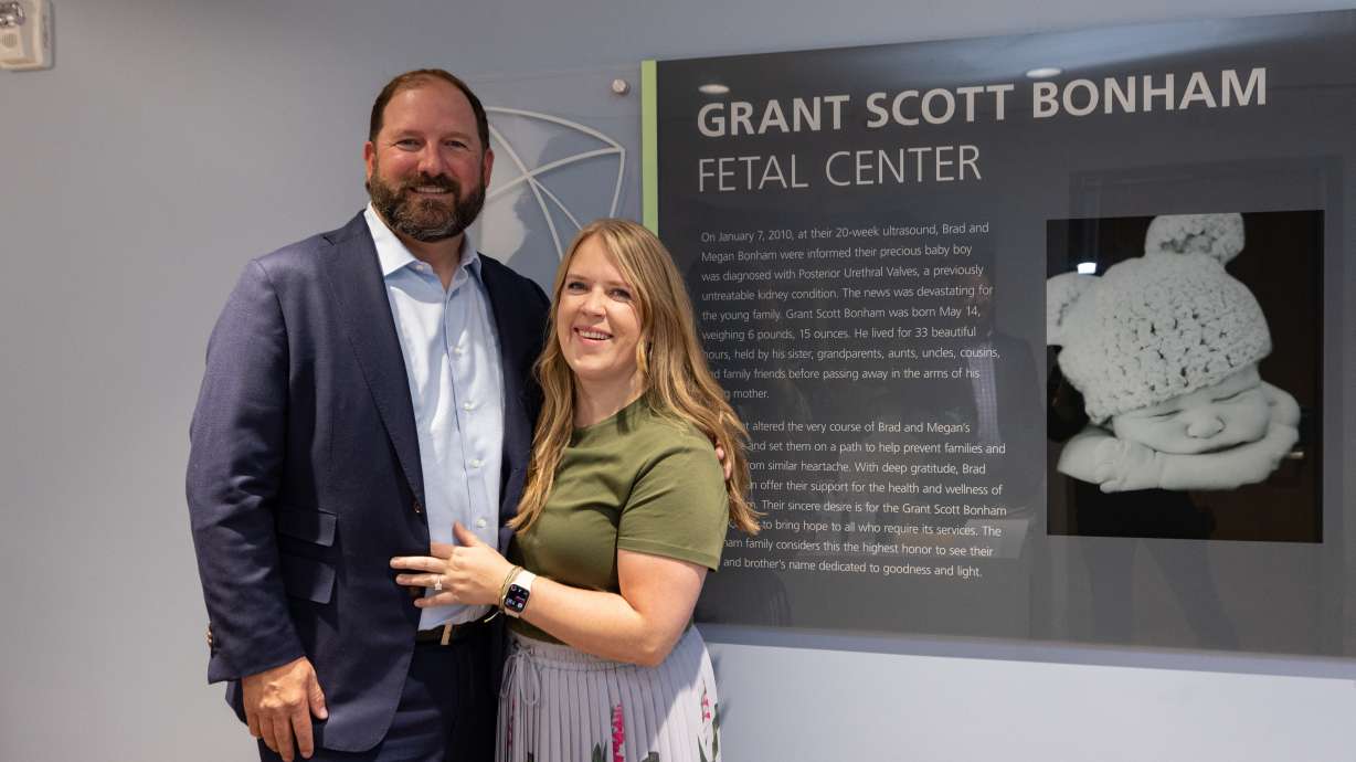 Megan and Brad Bonham at the Primary Children’s Hospital dedication ceremony for the Grant Scott Bonham Fetal Center, named after their late son, on Friday, April 22. The family on Thursday donated $15 million to strengthen the hospital's fetal care system.