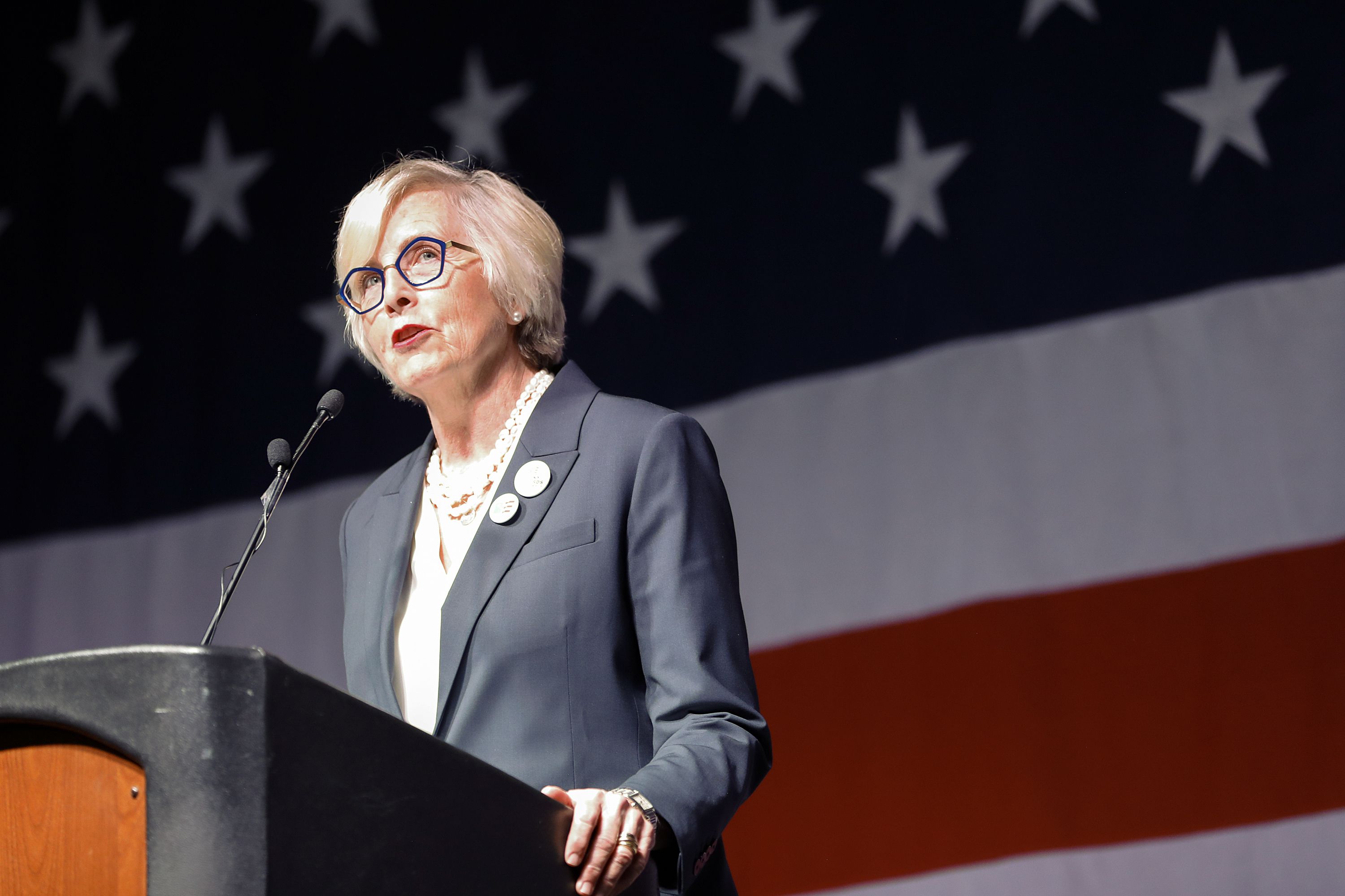 Senate candidate Becky Edwards speaks to delegates during the GOP State Convention at the Mountain America Exposition Center in Sandy on Saturday.