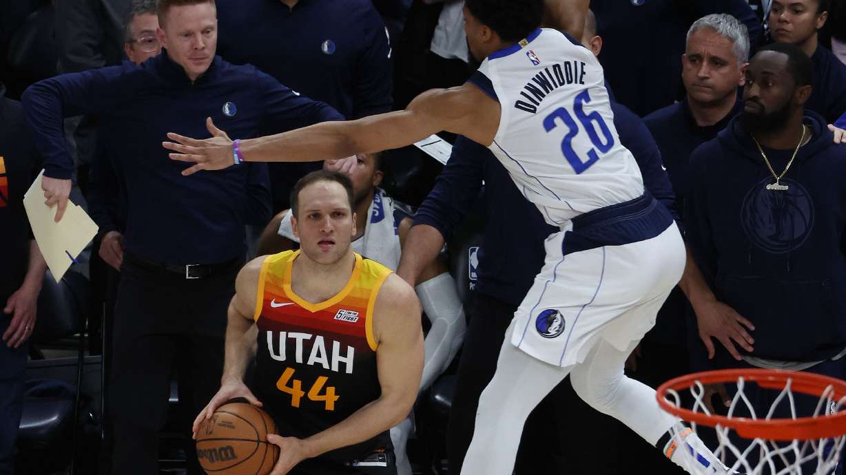 Utah Jazz forward Bojan Bogdanovic (44) prepares to shoot the last-second shot but missed during game 6 of the playoffs in Salt Lake City on Thursday, April 28, 2022. The Mavericks won 98-96 and advance to the second round.