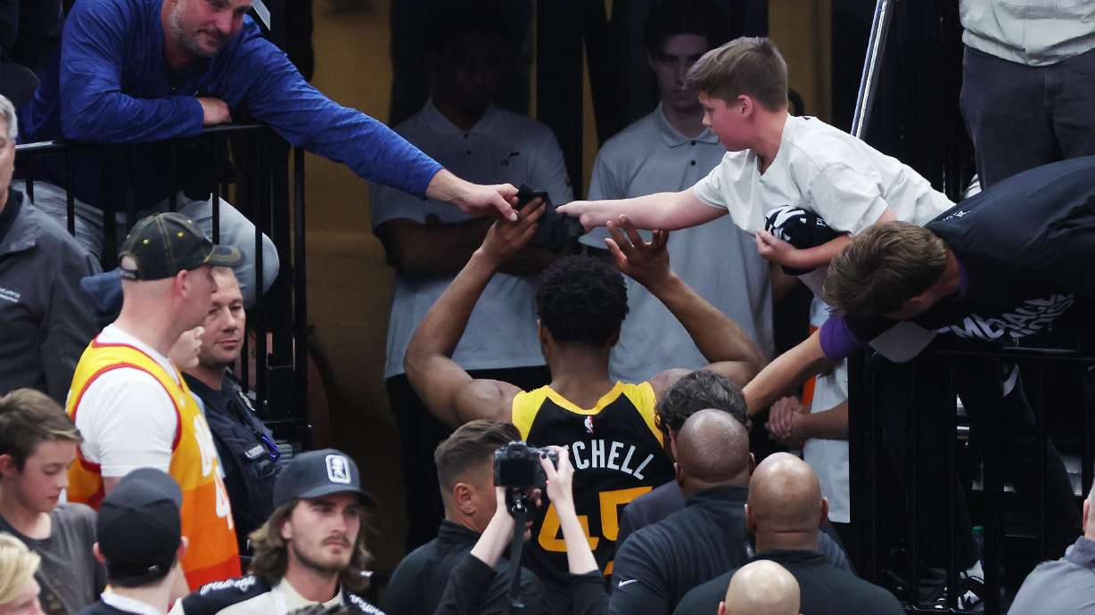 Utah Jazz guard Donovan Mitchell (45) leaves the floor after game 6 of the playoffs in Salt Lake City on Thursday, April 28, 2022. The Mavericks won 98-96 and advance to the second round.