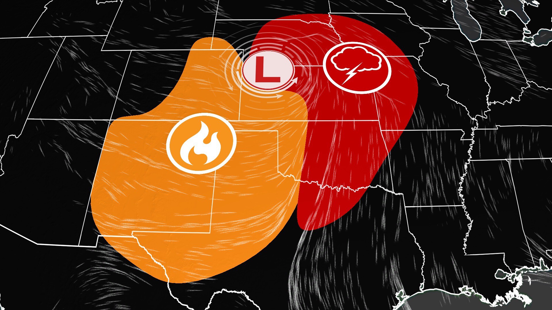 A strong storm system moving through the Rockies and Plains will whip up winds, raising worries of more fires in the Southwest and tornadoes on the Great Plains.