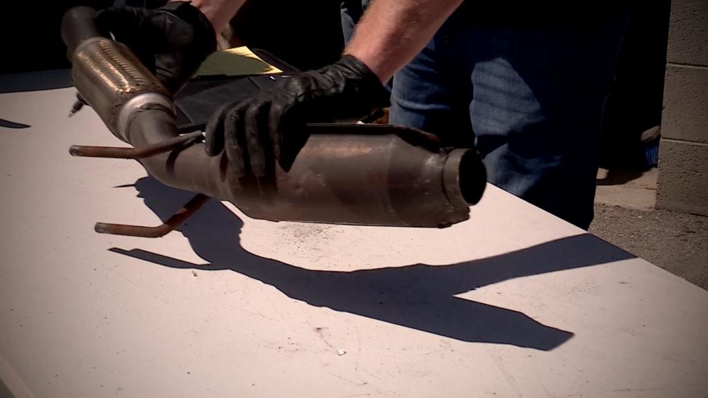 A catalytic converter is shown April 8. 1,361 catalytic converters were reported stolen in the state of Utah in 2021. The presence of the precious metals palladium, platinum and rhodium make the part valuable to thieves and expensive for car owners to replace.