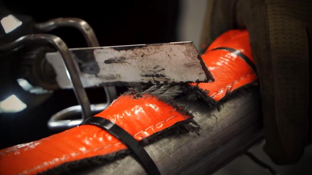 The Cat Strap conceals three stainless steel cables in a sheath that gets strapped to a catalytic converter and much of the exhaust system, April 8.
