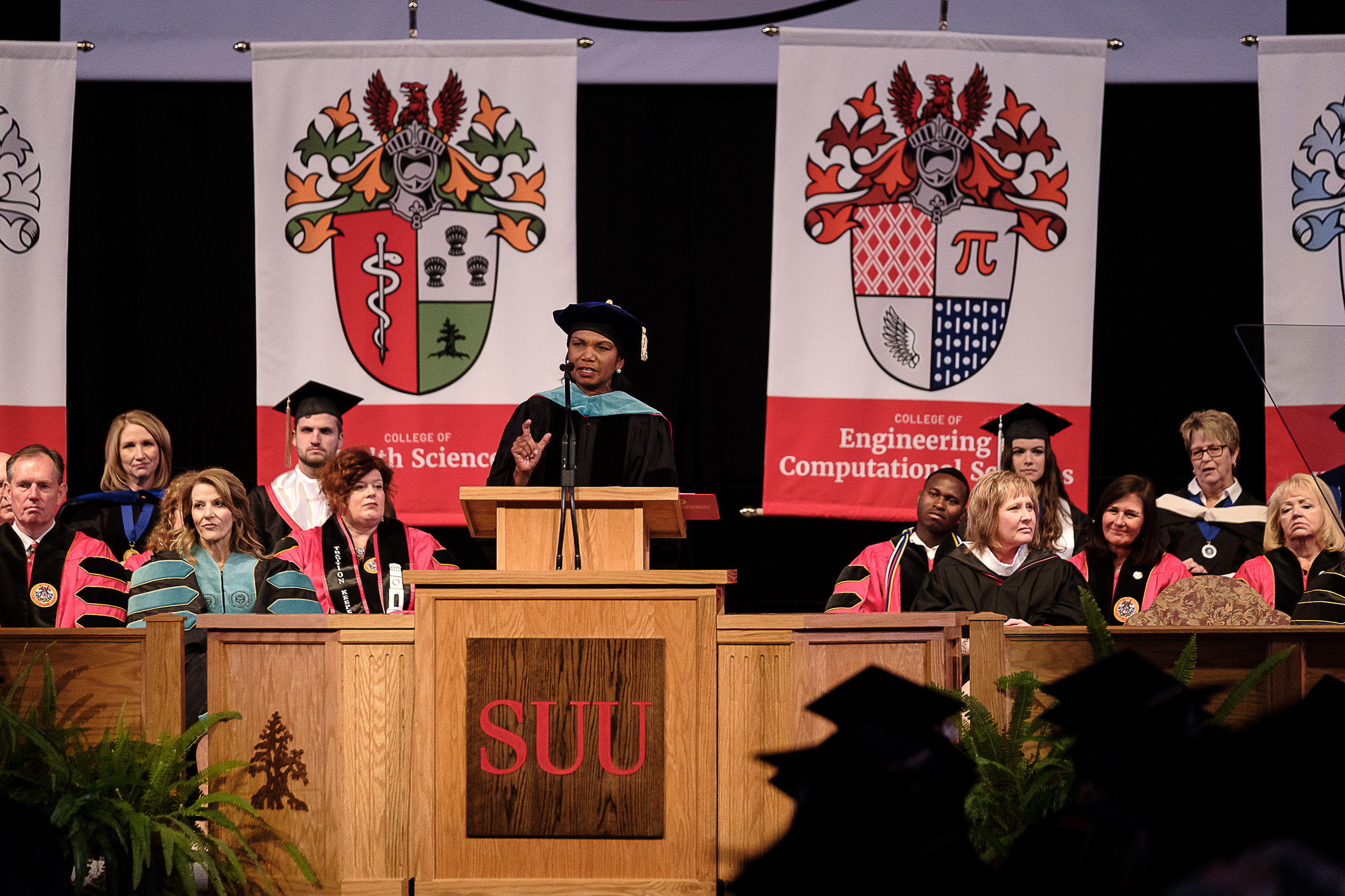 Former U.S. Secretary of State Condoleezza Rice addresses the Class of 2022 during the 123rd annual commencement for Southern Utah University in Cedar City on Friday.