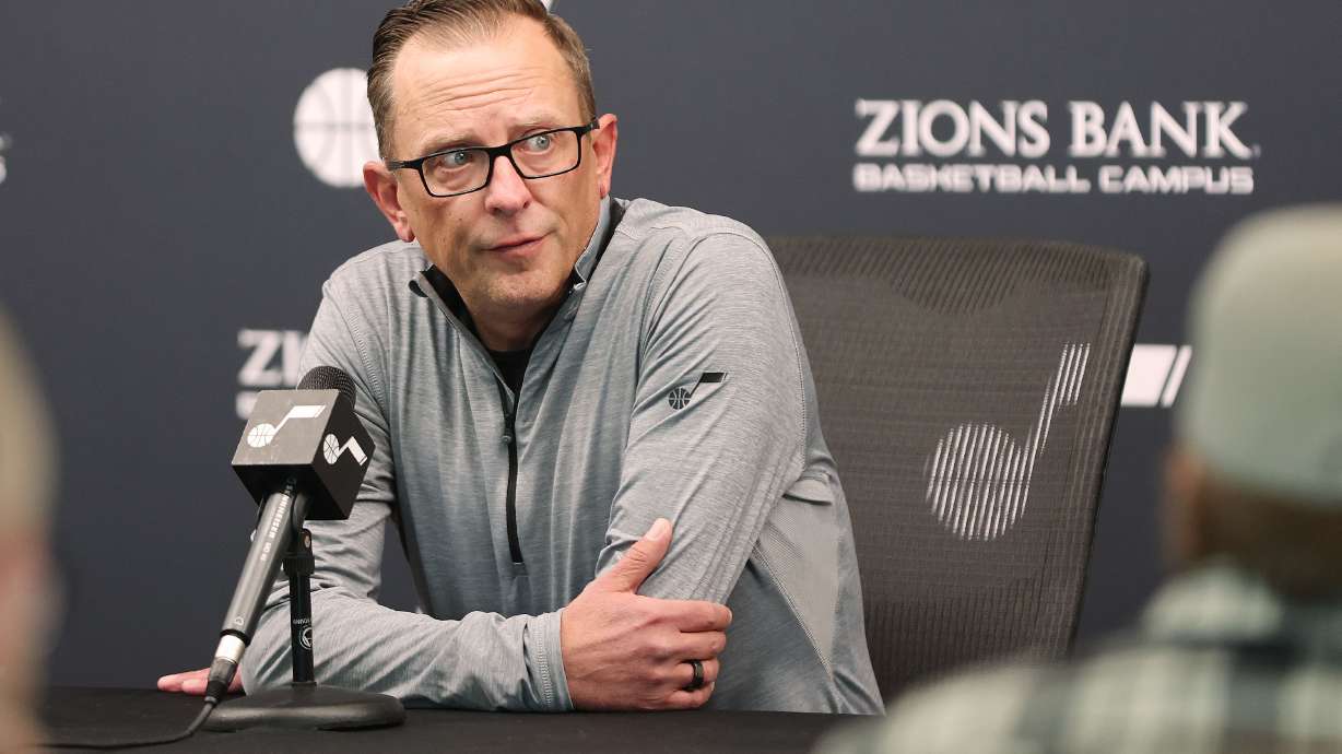 Utah Jazz general manager Justin Zanik speaks to members of the media about the past season during a press conference at the Zions Bank Basketball Campus in Salt Lake City on Friday, April 29, 2022.