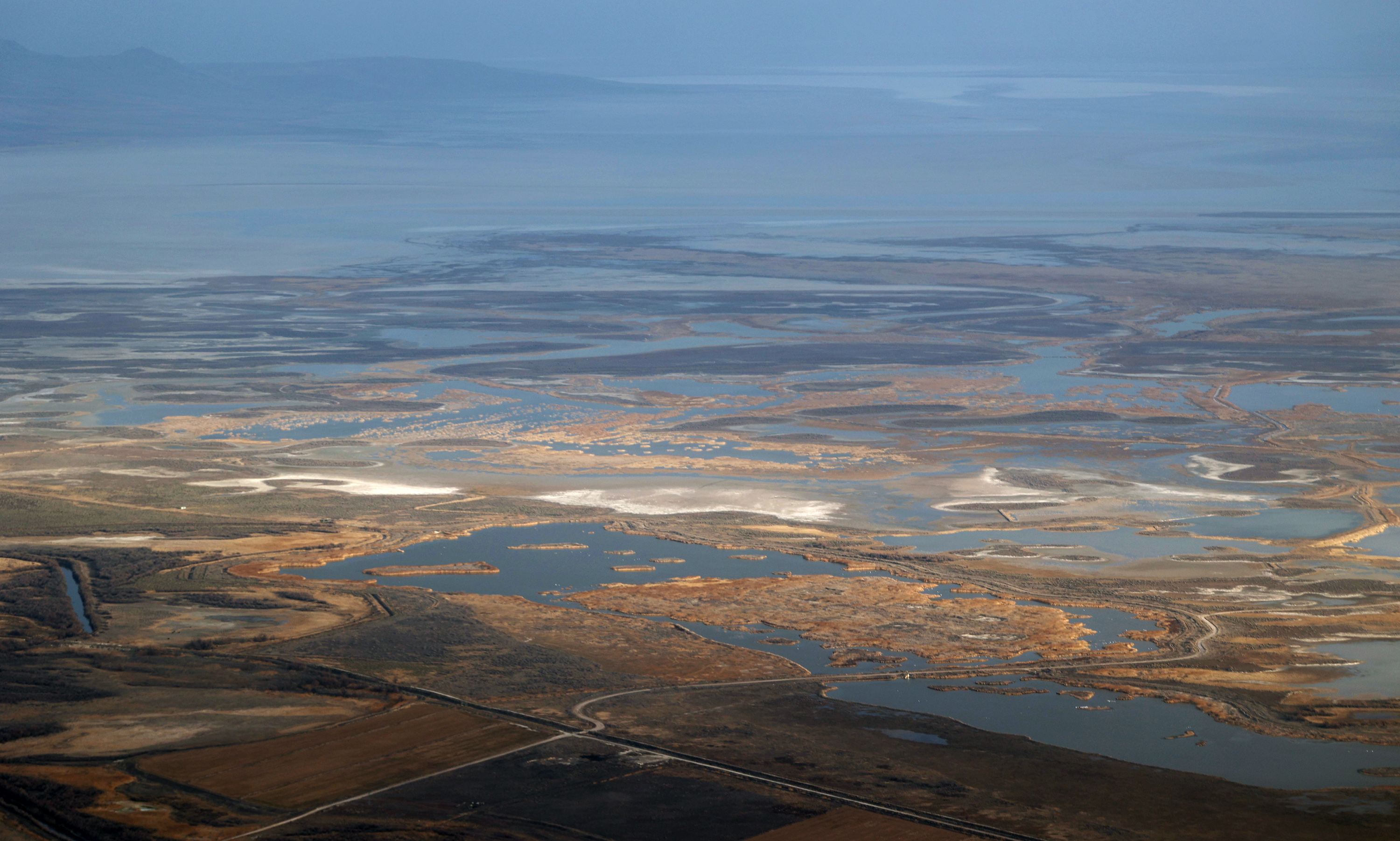 The Great Salt Lake as seen on Tuesday, Feb. 15. The lake reached a new low, officials confirmed Tuesday.
