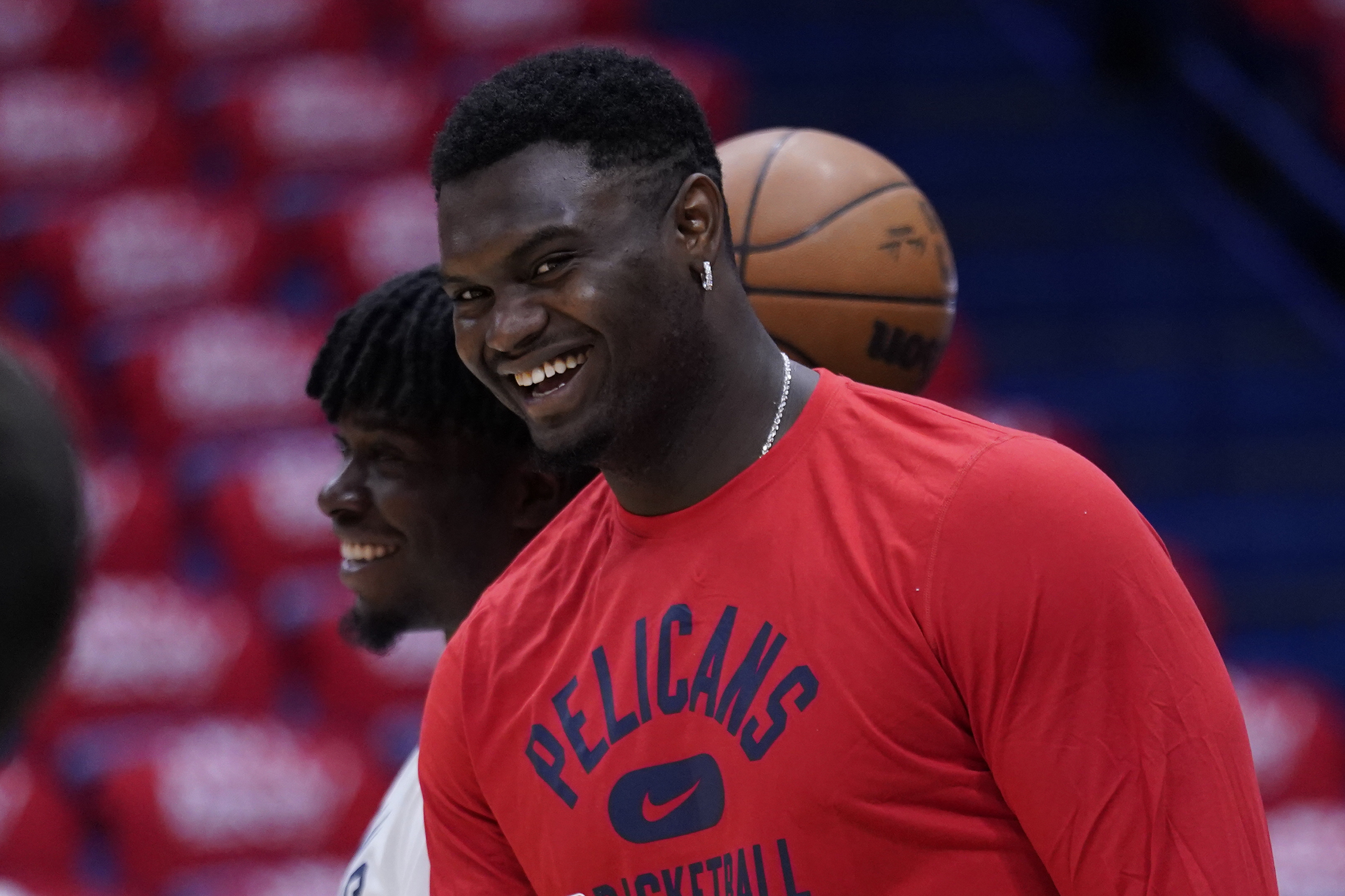 New Orleans Pelicans forward Zion Williamson (1) watches a shoot around before game six of an NBA basketball first-round playoff series against the Phoenix Suns, Friday, April 29, 2022 in New Orleans. 