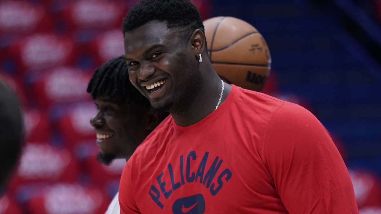 New Orleans Pelicans forward Zion Williamson (1) watches a shoot around before game six of an NBA basketball first-round playoff series against the Phoenix Suns, Friday, April 29, 2022 in New Orleans.
