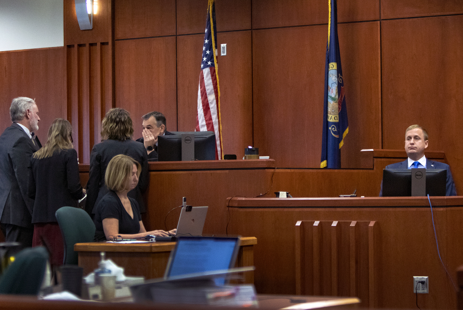 District Judge Michael Reardon confers with attorneys during the second day of testimony in the rape trial of former Idaho state Rep. Aaron von Ehlinger, right, at the Ada County Courthouse, Thursday, in Boise, Idaho.