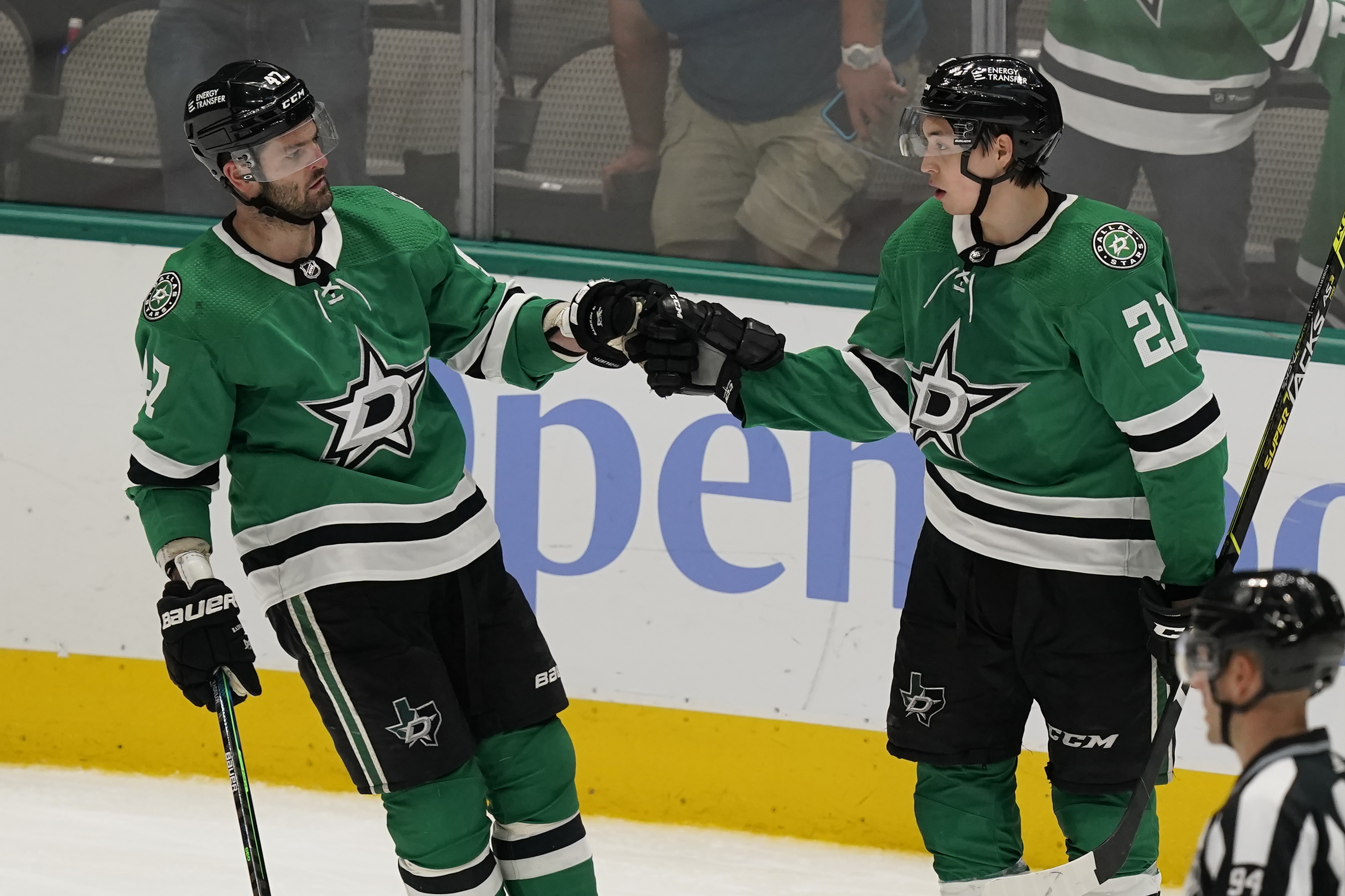 Dallas Stars left wing Jason Robertson (21) celebrates his goal right wing Alexander Radulov (47) during the third period of an NHL hockey game against the Anaheim Ducks in Dallas, Friday, April 29, 2022. The Stars won 4-2. 
