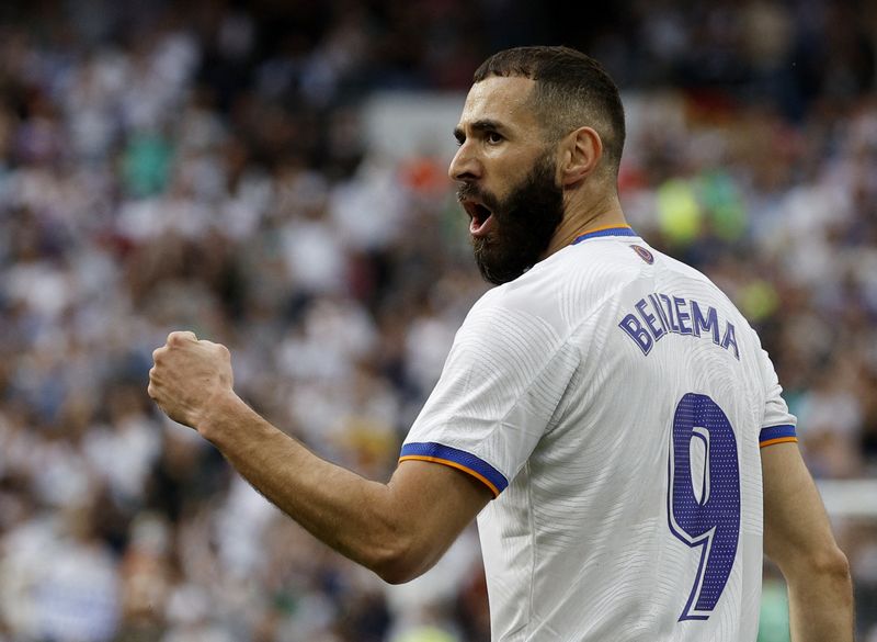 Soccer Football - LaLiga - Real Madrid v Espanyol - Santiago Bernabeu, Madrid, Spain - April 30, 2022 Real Madrid's Karim Benzema celebrates scoring their fourth goal