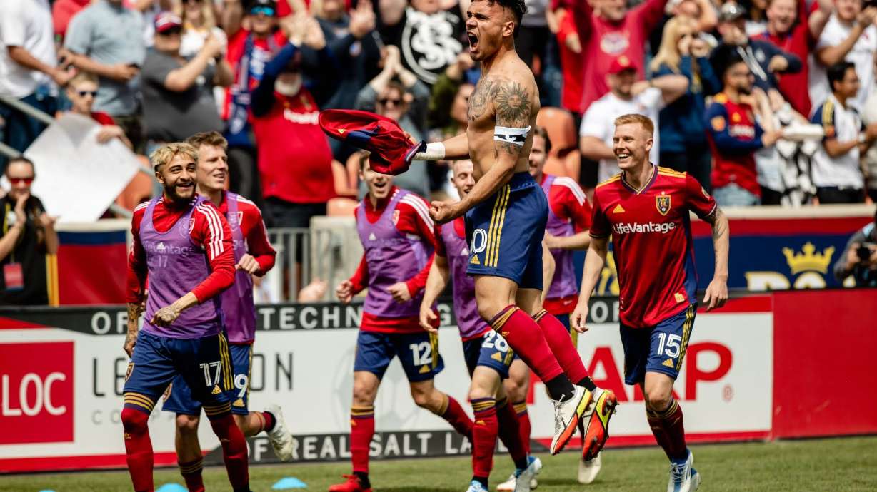Marcelo Silva celebrates his goal against the LA Galaxy at Rio Tinto Stadium on April 30.
