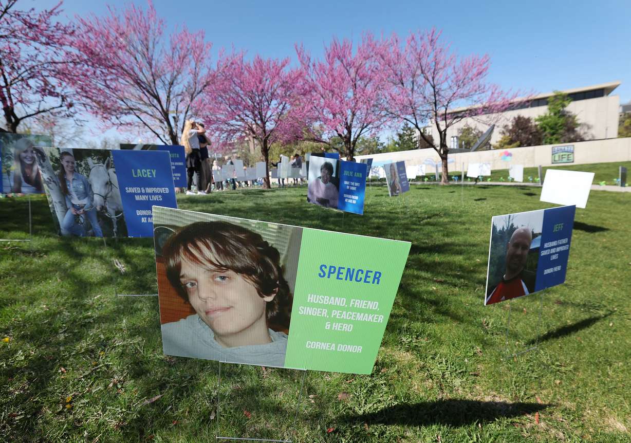Donor photos are displayed during National Donate Life Month and Donor Remembrance Day at the Celebration of Life Monument in Salt Lake City on Saturday.
