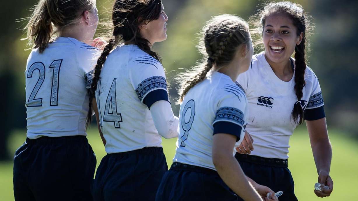 BYU players celebrate a try against Central Washington during a match, October 16, 2021 in Provo. The Cougars won a second-straight CRAA Division I spring championship Saturday with an 80-7 win over Virginia Tech in Houston.