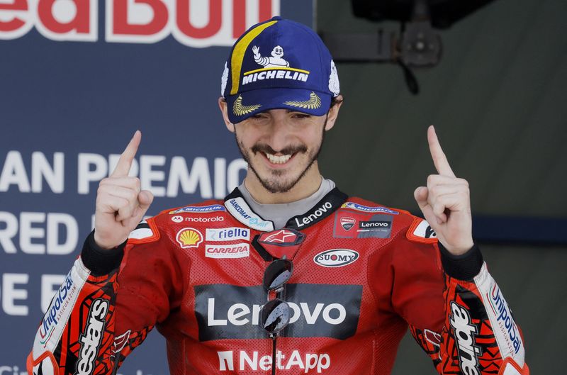 MotoGP - Spanish Grand Prix - Circuito de Jerez, Jerez, Spain - May 1, 2022 Ducati Lenovo's Francesco Bagnaia celebrates on the podium after winning the race