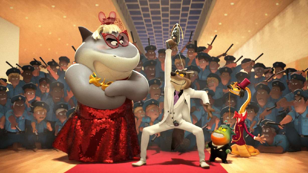This image released by DreamWorks Animation shows animated characters, foreground from left, Shark, voiced by Craig Robinson, Wolf, voiced by Sam Rockwell, Piranha, voiced by Anthony Ramos and Snake, voiced by Marc Maron in "The Bad Guys."