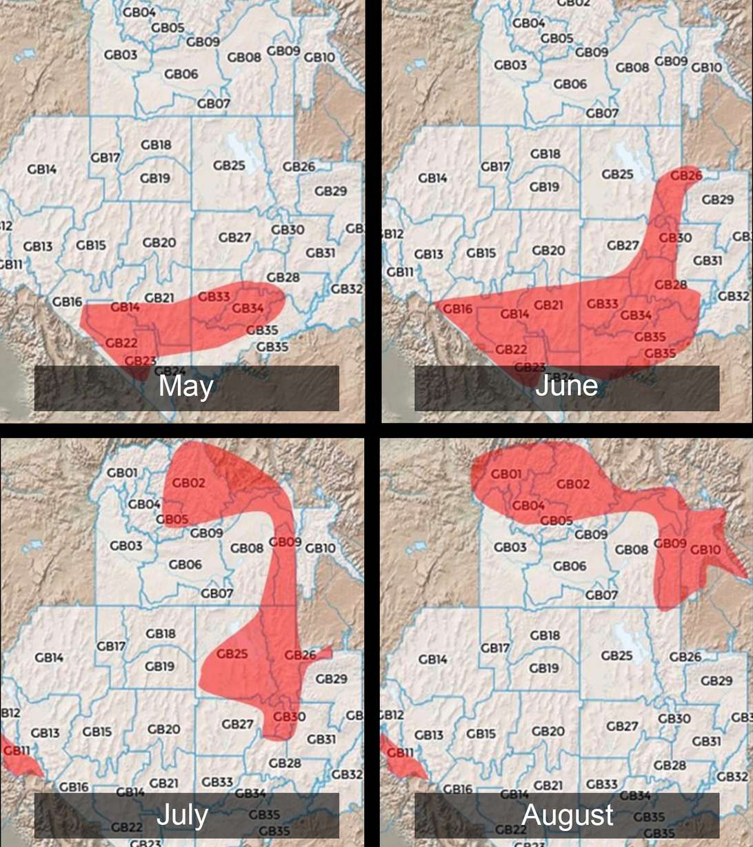 This map shows the fire outlook for the next four months based on current and projected land conditions in areas within the Great Basin Coordination Center range. Red indicates above average risk, while tan indicates normal fire risk.