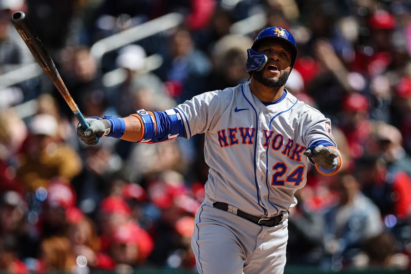 FILE PHOTO: Apr 10, 2022; Washington, District of Columbia, USA; New York Mets second baseman Robinson Cano (24) reacts against the Washington Nationals at Nationals Park.