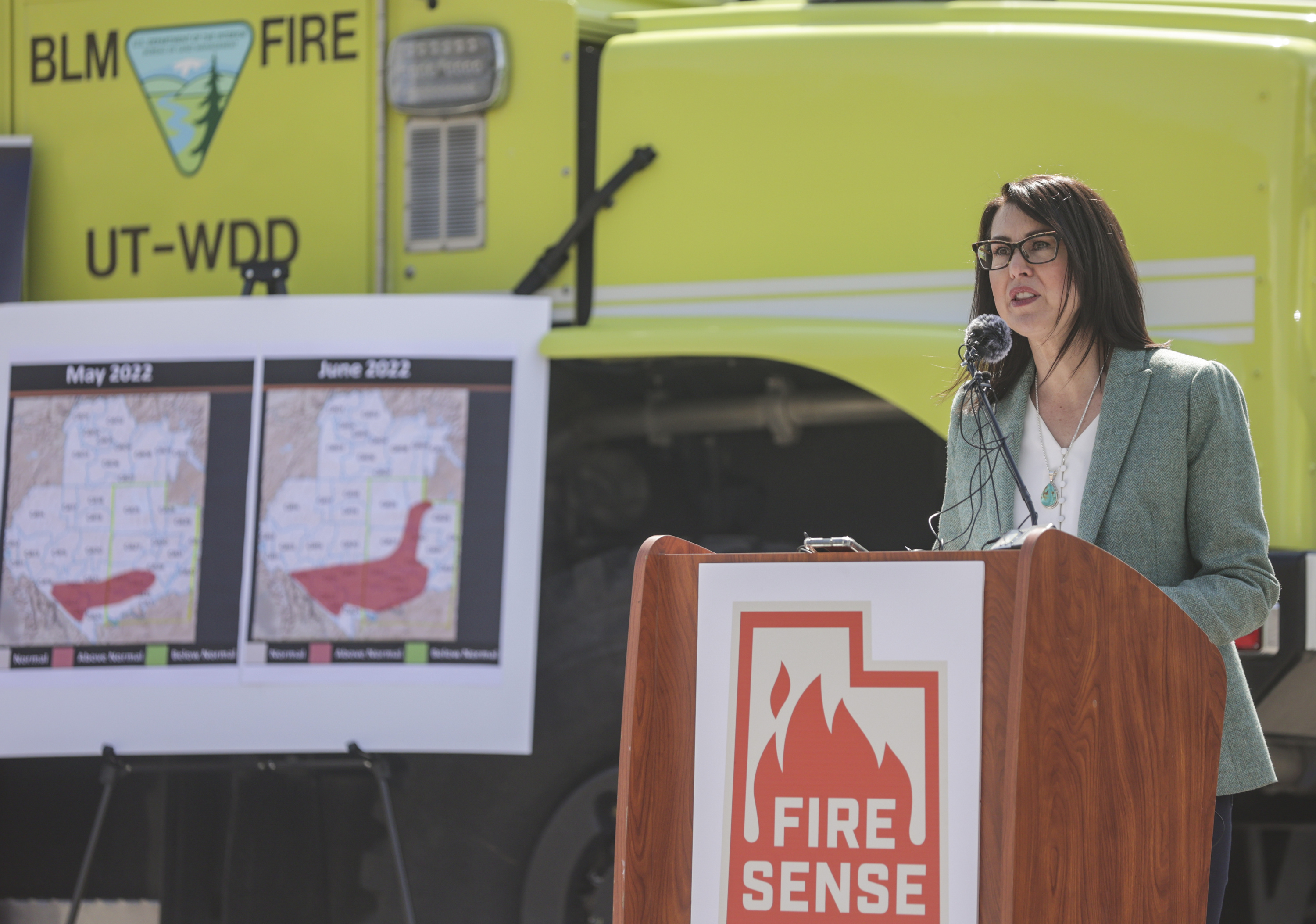 Utah Lt. Gov. Deidre Henderson urges Utahns to prevent wildfires during a press conference at Little Dell Reservoir outside of Salt Lake City on Monday.