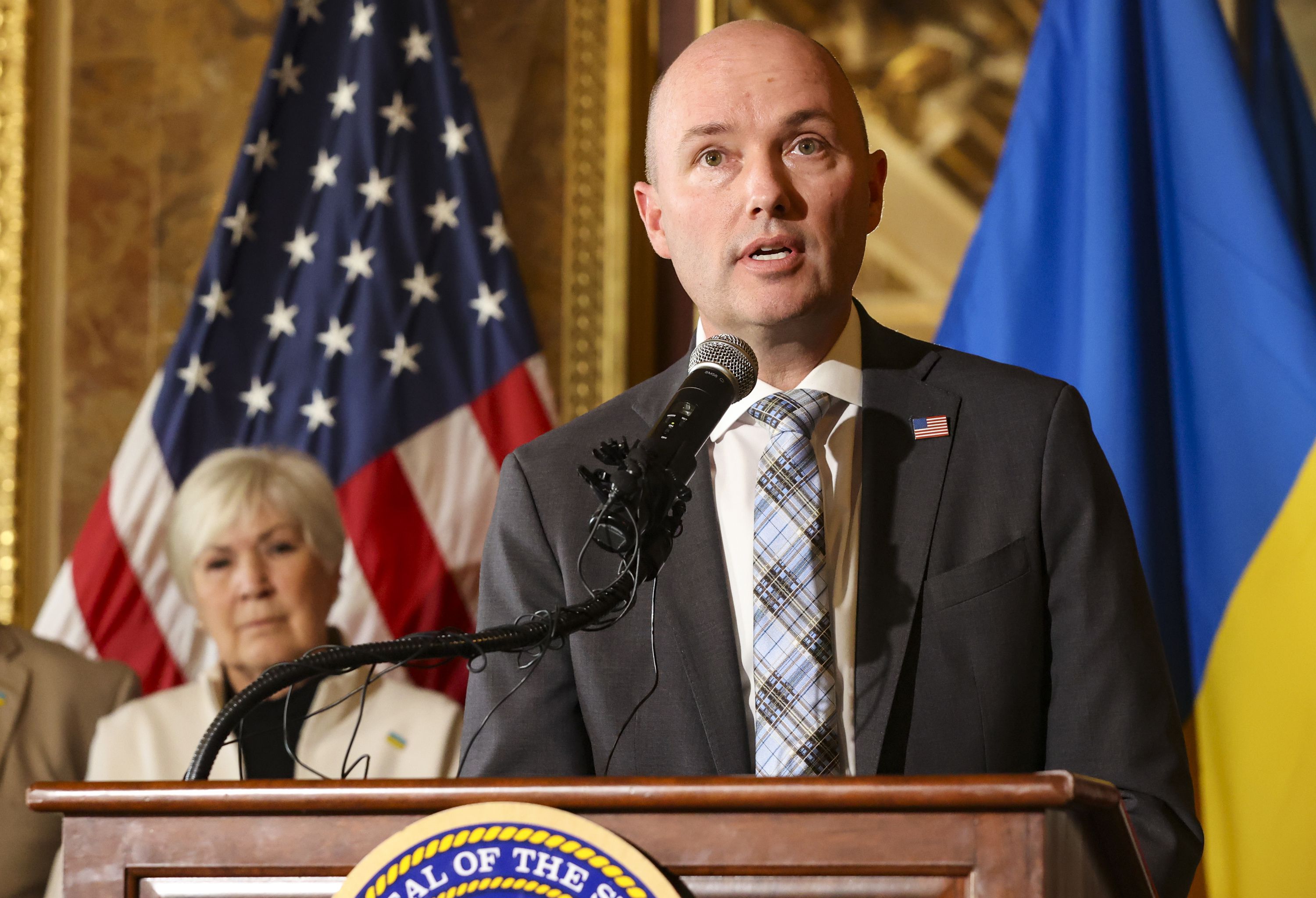 Gov. Spencer Cox announces a Driven to Assist community fundraiser and donation drive to benefit refugees fleeing Ukraine at a press conference at the Capitol in Salt Lake City on March 3. Cox says admitting refugees from Ukraine is "the right thing for our nation to do."