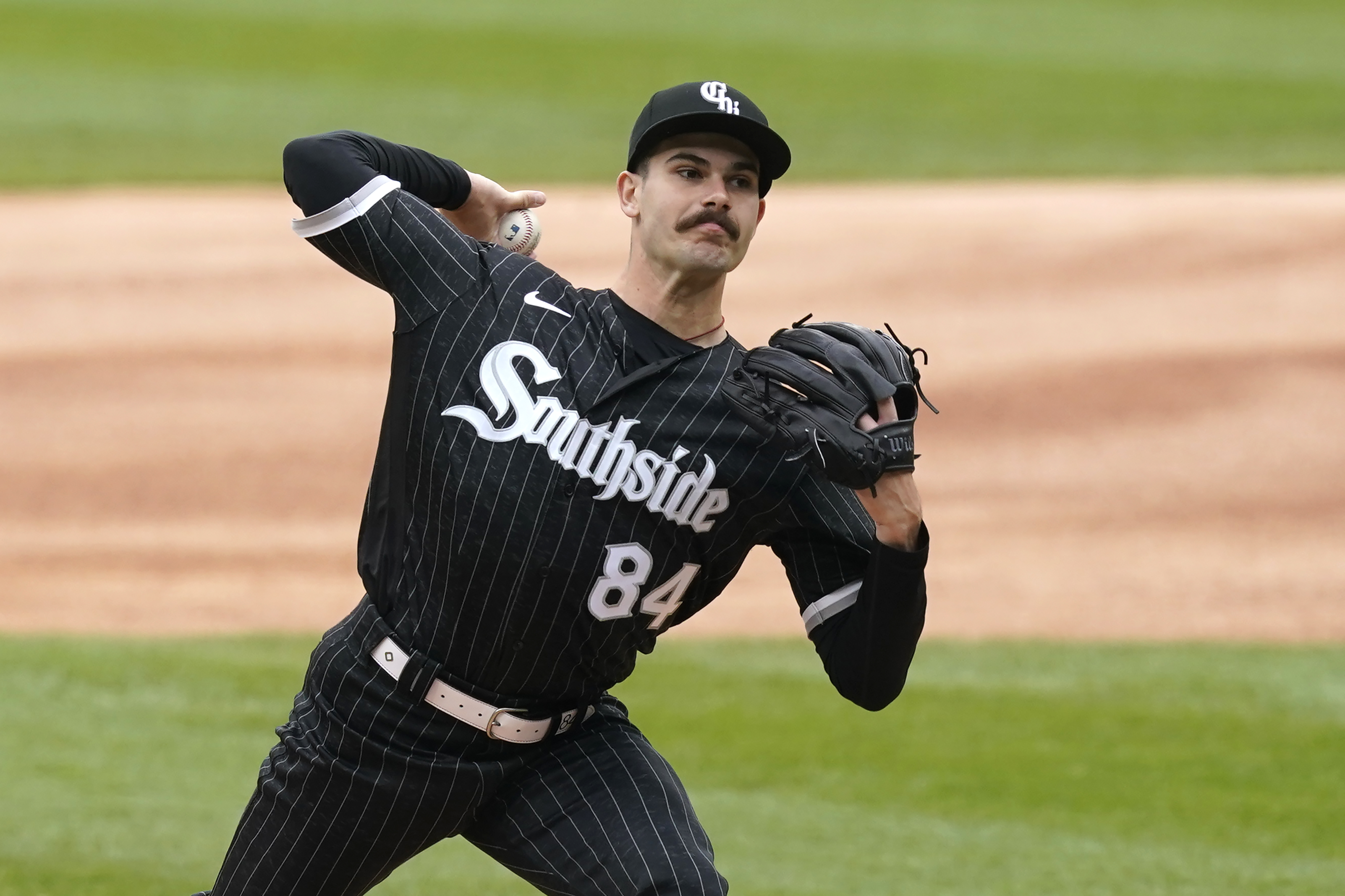 Chicago White Sox starting pitcher Dylan Cease delivers during the first inning of a baseball game against the Los Angeles Angels, Monday, May 2, 2022, in Chicago. 