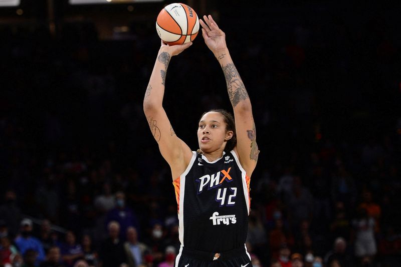 FILE PHOTO: Oct 13, 2021; Phoenix, Arizona, USA; Phoenix Mercury center Brittney Griner (42) shoots against the Chicago Sky during the first half of game two of the 2021 WNBA Finals at Footprint Center.