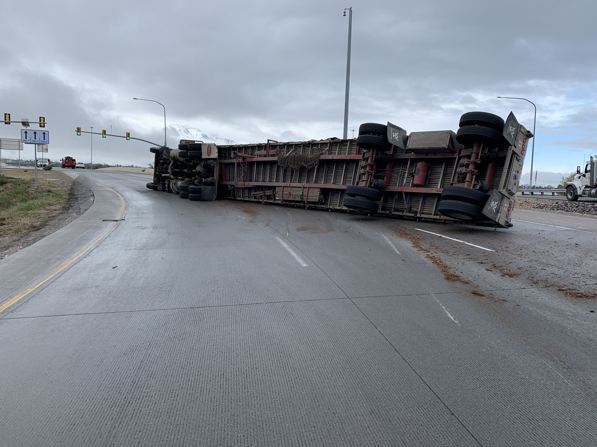 Part of the ramp from Interstate 15 to state Route 6 near Spanish Fork was blocked after a semitruck overturned Tuesday morning. 