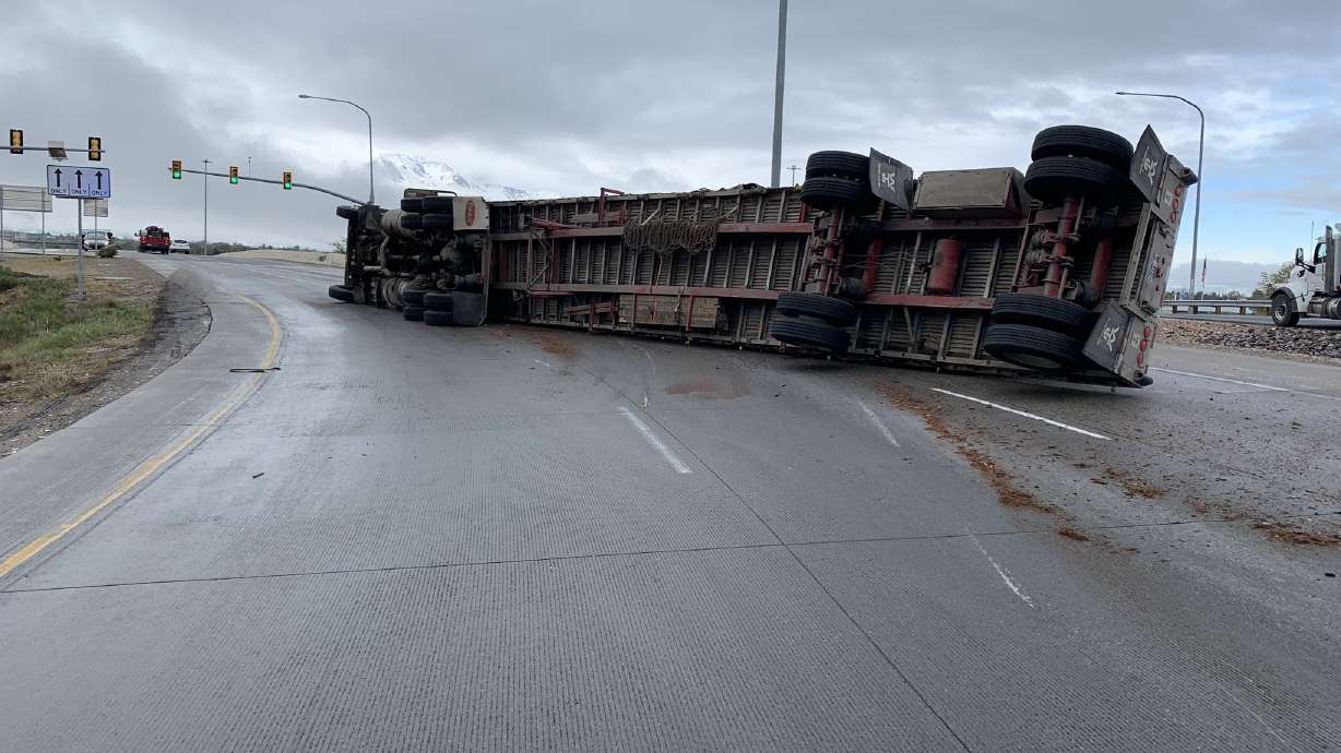 Part of the ramp from Interstate 15 to state Route 6 near Spanish Fork was blocked after a semitruck overturned Tuesday morning.
