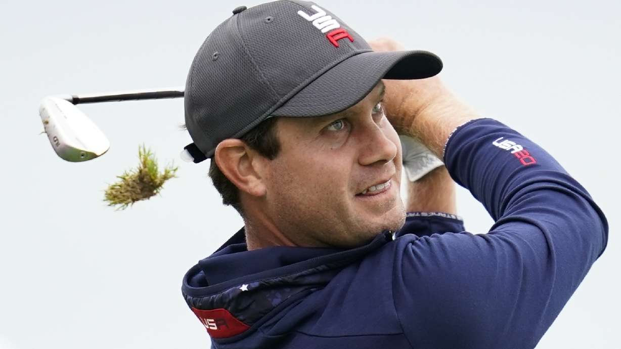 Team USA's Harris English hits on the third hole during a practice day at the Ryder Cup at the Whistling Straits Golf Course, Sept. 21, 2021, in Sheboygan, Wis. English is recovering from hip surgery that has kept him out since January. He hopes to return at the PGA Championship in two weeks.