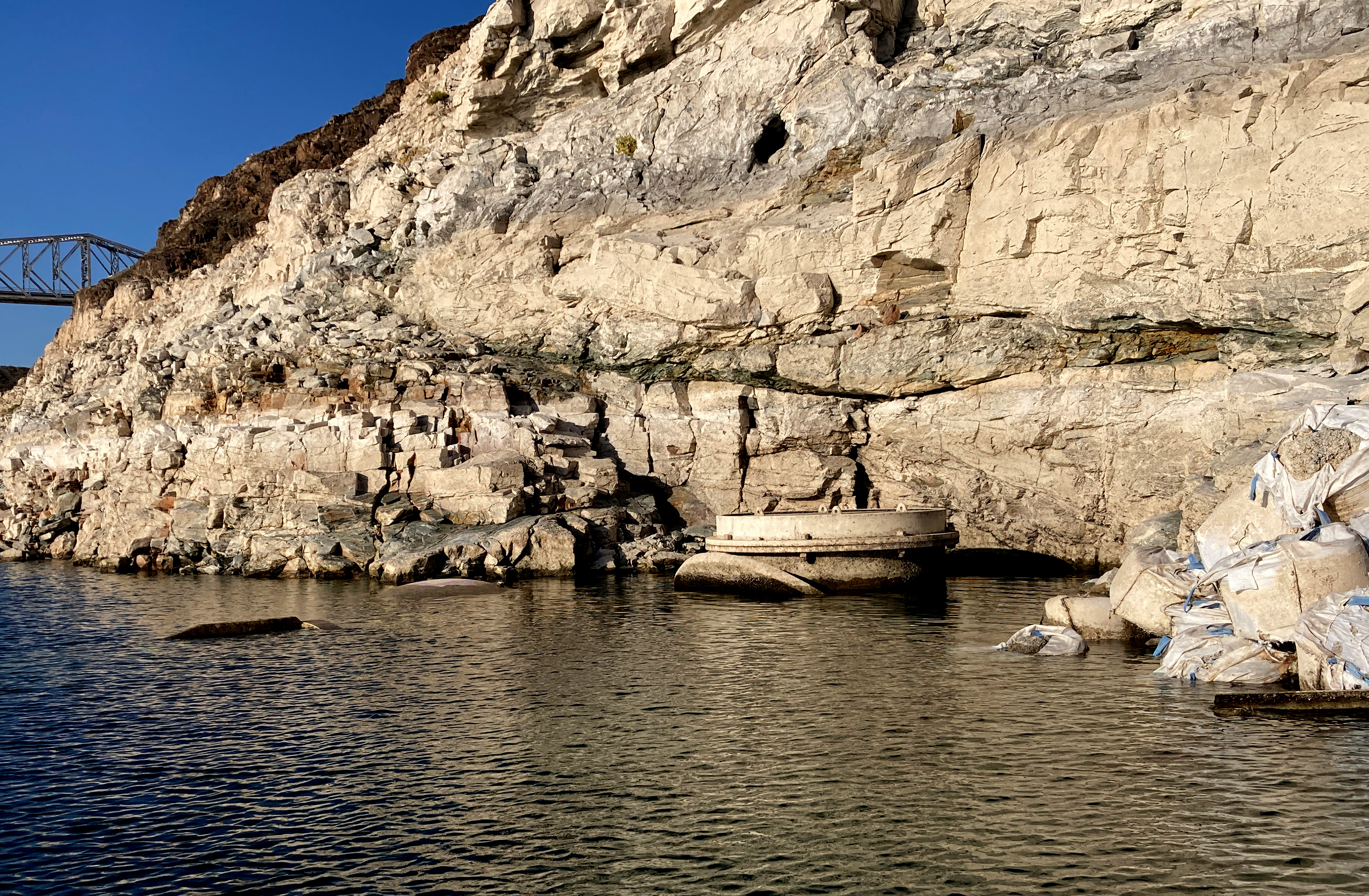 This photo taken April 25 shows the top of Lake Mead drinking water Intake No. 1 above the surface level of the Colorado River reservoir behind Hoover Dam. The intake is the uppermost of three in the deep, drought-stricken lake that provides Las Vegas with 90% of its drinking water supply.