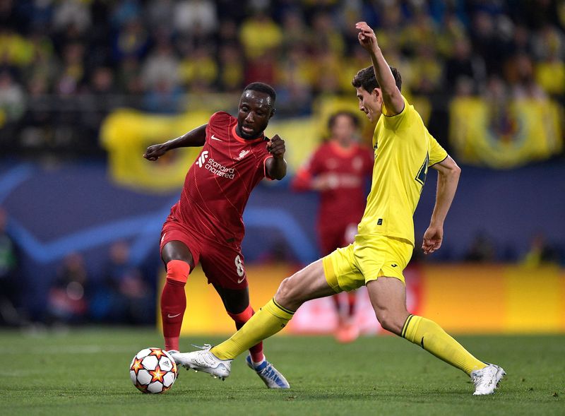 Soccer Football - Champions League - Semi Final - Second Leg - Villarreal v Liverpool - Estadio de la Ceramica, Villarreal, Spain - May 3, 2022 Liverpool's Naby Keita in action with Villarreal's Pau Torres